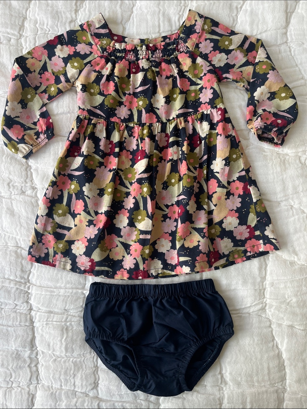 Carter's Navy 100% Cotton Floral Long-Sleeve Dress with Bloomers, Size 18 Months